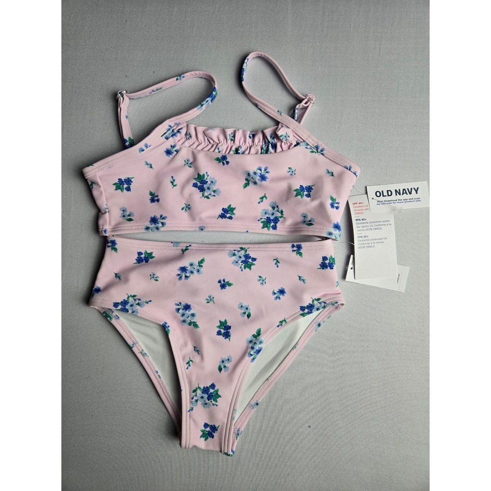 Old Navy Girls Pink Blue Floral Ruffle Bikini Swimsuit Set UPF 40+ Size S 6-7